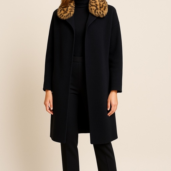🧥 ZARA Knit Black Coat with Leopard Faux Fur Collar (Size S) - Picture 1 of 5